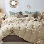 MooMee Bedding Duvet Cover Set 100% Washed Cotton Linen Like Textured Breathable Durable Soft Comfy (Khaki, Queen)