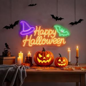 Custom LED Happy Halloween Lights, Personalized Halloween Bat Neon Signs for Wall, Window, Room, Home, Party, Yard, Battery Operated or USB. RGB for Indoor, Outdoor, Business.