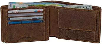 DiLoro Mens Buffalo Leather Wallet Bifold Flip ID Section Coin RFID Protection Full Grain Credit Card Holder Purse (Dark Hunter Brown)