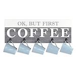 Barnyard Designs ‘Ok, But First Coffee’ Hanging Mug Holder, Wall Mounted Coffee Cup Organizer Rack, Rustic Farmhouse Wood Wall Decor Sign, for Kitchen, Coffee Bar or Cafe, 61 x 21.5cm