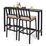 COSTWAY 3 Piece Outdoor Patio Bar Set, 55" Rectangular Pub Height High Top Bar Table with 2 Cushioned Bar Stools, Metal Bar Table and Chairs Set for Balcony, Backyard, Porch