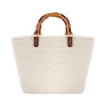 MengH-SHOP Tote Bag Summer Beach Bag Retro Handwoven Handbag with Imitation Bamboo Top Handle for Travel Beach Vacation, Beige