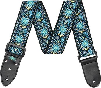 Guitar Strap, Guitar Straps for Electric Acoustic Guitar Bass with Leather Ends and Pick Pocket, Adjustable Electric Guitar Strap for Bass Ukulele Acoustic Cotton Jacquard Embroidered Design 2" Width