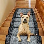 Qingbei Rina Carpet Stair Treads Non Slip Indoor Stair Runner for Wooden Steps 8.5’’x26’’ Set of 14 Skid Resistant Printed Stair Rug Stair Mat Rubber Backing Stair Protector for Dogs Kids,Grey Floral