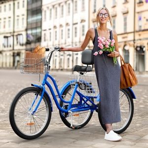 YITAHOME 24 & 26 Inch Adult Tricycle, 1 & 7 Speed 3 Wheel Bikes, Large Seat with Backrest Trike for Adults with Front & Rear Baskets, Cruiser Bike for Seniors Women Men Commute Picnic Outdoor