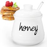 Swetwiny Ceramic Honey Pot with Dipper, 12oz Ceramic Honey Dispenser with Lid and Glass Honey Stick Porcelain Honey Container for Home Kitchen