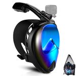 Odoland Full Face Snorkel Mask for Man and Women, 180° Panoramic View Snorkeling Mask with Camera Mount, Dry Top Safety Breathing System Anti-Leak Anti-Fog Diving Mask for Adult,Blue,L/XL