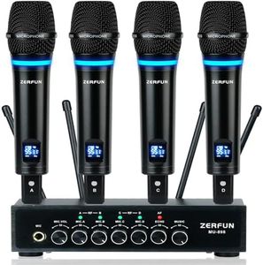ZERFUN 4 Channel Rechargeable Wireless Microphone System, Pro UHF Metal Handheld Wireless Microphones Cordless Mics with Echo Bluetooth VOL Channel Control for Karaoke Singing Church(MU-898)