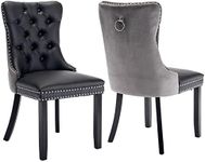 Dining Chairs Set of 2, Upholstered Dining Room Chairs with Back Ring Pull Trim and Solid Wood Legs, Modern Tufted Kitchen Chairs Perfect for Dining Room, Black Pu Leather Splicing Grey Velvet