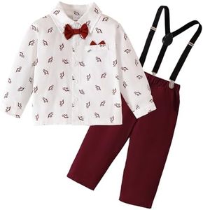 TENTIDE Toddler Boys Formal Suit Set Long Sleeve Dress Shirt Bowtie Suspender Pants Suits Gentleman Outfits Clothes(Red Dinosaur, 4-5T)