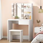 SDHYL Vanity Table Set with LED Lights, Makeup Desk with Stool and Mirror, White Vanity Desk with Drawer and Shelves for Bedroom