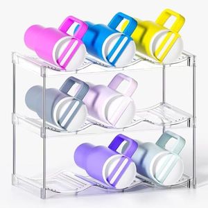 AWGOU Stackable Water Bottle Organizer for Cabinet, Bottle and Other Tumbler Organizer for Kitchen Cabinets,Clear Stackable Water Bottle Holder and Wine Rack