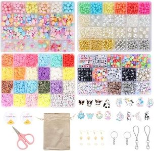 Ambitieux DIY Jewellery Making Kit for Girls – Big Beads Set with 4 Storage Boxes, Alphabet Beads, Pearls, Clay Disc Beads, Cute Charms, Keychains, Earring Hooks, Elastic Thread, Scissors & Jute Bag – Bracelet, Necklace & Keychain Craft Kit Birthday gift for girls age 1 2 3 4 5 6 7 8 9 10 years