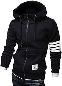 ZUEVI Men's Hoodies Casual Striped Drawstring Hooded And Zipper Closure Hoodie Slim Fit Fleece Sweatshirt, Blalck, Medium