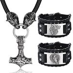 HAIAISO Viking Necklace Thor Hammer Necklace Norse Viking Thor's Hammer Real Leather Necklace, Stainless Steel Men Vintage Original Pendant Bracelet Mjolnir Necklace Set-Silver