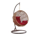 Carry Bird Big Boss Wicker Rattan Wrought Iron Single Seater Swing Chair With Stand For Adults | Garden & Outdoor Hammock Swing With Cushions For Kids | Teardrop Swing Hanging Chair with Curve Iron Stand | Jhula | Round Shape | Balcony/Patio/Indoor/Backyard/Porch/Yard/Outdoor Furniture | Honey Swing-Red Cushion