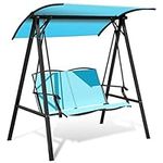 COSTWAY 2 Seater Garden Swing Chair, Powder Coated Metal Frame Rocking Hammock Bench with Adjustable Canopy, Outdoor Patio Yard Poolside Swing Lounger Seat (157 x 125 x 169cm, Turquoise)