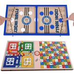 Whistle International- 3 in 1 Ludo, Snakes & Ladders and Professional large Size Fastest Finger First String Hockey Sling Puck Indoor Board Game. (BLUE)