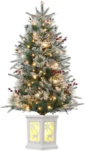 GarveeHome 3ft Pre-Lit Christmas Tree, Small Artificial Christmas Trees with 78 LED Lights, 8 Lighting Modes, Snow Flocked Prelit Xmas Tree with Lighting Base, Battery Operated & Timer Function