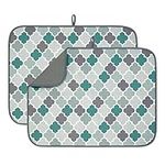 AELS XL 24" x 18" Dish Drying Mat, Set of 2, for Kitchen Counter, Reversible Absorbent Microfiber Dish Drainer/Rack Pads with Hanging Loop, Teal Mint Gray Quatrefoil