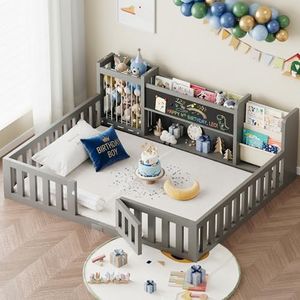 smilesun Montessori Wood Toddler Floor Bed with Door, Safety Guard Rails, Blackboard, Bedside Bookshelf & Plush Toy Storage, Low Kids Bed Frame for Boys and Girls(Gray Full)