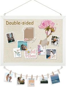 DOLLAR BOSS Cork Board Pin Board with Linen Double-Sided 1-Pack 30 X 40CM, Small Cork Boards for Walls Wood Framed Display Hanging Pin Board, Small Vision Board for Home Kitchen Office 10 Pushpins