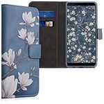 kwmobile Wallet Case Compatible with Samsung Galaxy A7 (2018) Case for Phone - Magnolias Taupe/White/Blue Grey