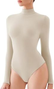 REORIA Women's Long Sleeve Bodysuits Mock Turtleneck Slim Tight Double Lined Basic Layering Body Suits Tops Fall Winter Outfits 2026(Nude Cream Medium)