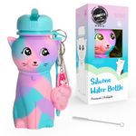 FunKitZ by AToZ UK Kids Water Bottle for Girls - BPA FREE, Roll-up, Soft Silicone, Drop Resistant - Rainbow Water Bottle - Cat Shaped - Back to School Gifts for Girls - 500ml