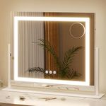 ZKIODV Large Vanity Mirror with Light, Lighted Makeup Mirror with 10X Magnification, LED Vanity Mirror with Dimmable 3-Color Lights, Phone Holder, USB Charger, for Dresser, Tabletop - 50 x 60 CM White