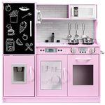 Best Choice Products Pretend Play Kitchen Wooden Toy Set for Kids with Realistic Design, Telephone, Utensils, Oven, Microwave, Sink - Pink