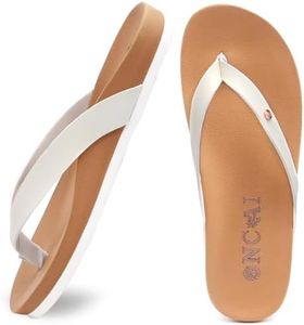 ONCAI Womens Flip Flops For Women Comfortable Leather Strap Yoga Mat Non-Slip Women's Thong Sandal Casual Summer Beach Slippers With Arch Support White/Khaki Size 9.5