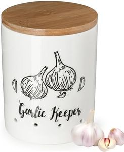 LYEOBOH Garlic Keeper, Garlic Storage, Garlic Holder, Large Ceramic Garlic Keeper with Wooden Lid, Garlic Jar, Garlic Storage Container, White
