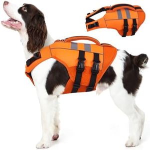 Kuoser XXL Dog Life Jacket, High Flotation Large Dogs Life Vest for Swimming Boating, Reflective Puppy Water Vest Pet Life Preserver with Rescue Handle, Orange XXL