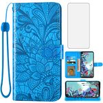 Asuwish Phone Case for LG Q70 with Tempered Glass Screen Protector and Lace Wallet Cover Flip Card Holder Stand Kickstand Rugged Slot Folio Cell Accessories LGQ70 Q730 Q 70 LGQ70phone Women Men Blue