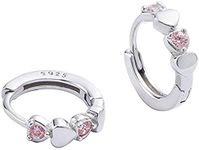 Double Love Heart Cubic Zirconia Sleeper Small Hoop Earrings for Women Teen Girls Sterling Silver Cartilage Tiny Cute Huggie Hoops Hypoallergenic for Sensitive Ear Pink CZ