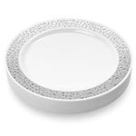 MATANA 20 Premium White Plastic Dinner Plates with Silver Lace Rim, 26cm / 10 Inch - Elegant & Reusable Party Tableware for Weddings, Birthdays, Picnic, BBQ, Parties