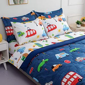 Wajade Cartoon Cars Comforter Set Bed in A Bag Queen Size Colorful Cars Bus Van Traffic Lights Bedding Set for Boys Kids (1 Comforter, 1 Flat Sheet, 1 Fitted Sheet, 2 Pillowcase and 2 Pillow Sham)