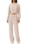 QINSEN Women 2 Piece Outfits Sweatsuit Set Twist Front Cropped Sweatshirt Wide Leg Sweatpant Lounge Set Tracksuit, Beige, Small