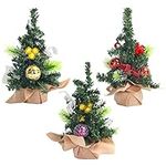 Belle Vous Mini Artificial Tabletop Christmas Tree Set (3 Pack) - 21cm / 8.27 Inches Pine Trees with Ornaments - Mini Xmas Trees with Burlap Bases for Indoor Home & Tabletop/Desk Holiday Decoration