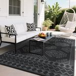 GarveeHome Waterproof Outdoor Rug 9 x 18 Large Geometric Woven Carpet, Reversible Plastic Straw Rug, UV-Resistant Camping Mat, Outside Patio Rug for Picnic Balcony Deck Backyard, Black Gray