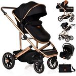 Baby 3 in 1 Travel System Pram with Car Seat Stroller 3 in 1 Buggy Pushchair Child Lightweight Folding Stroller Pram for Newborns Toddlers from Birth (Black Gold Frame)