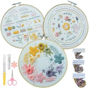 Embroidery kit,3 Pack Beginner Embroidery Kit For Adults With Step by Step Learn 22 Different Stitches from Instruction & Video,Stamped Embroidery Patterns,Hand Embroidery Kit for Kids, Stitches Kit