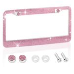 Bling Rhinestone Car License Plate Frame,Stainless Steel License Plate Cover Car Decor,Universal Standard 2 Holes License Plate Protector Bling Car Accessories for Women/Girls (Light Pink)