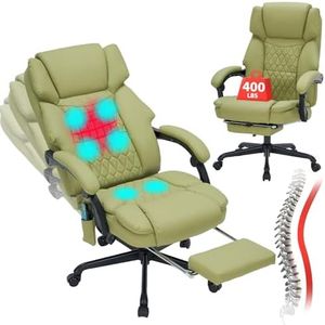 Massage Office Chair with Foot Rest 6 Points Vibration and Heat Home Office Desk Chairs for Heavy People 400lbs Reclining Managerial Chairs Ergonomic Executive Chair (Green)
