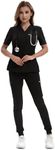 YEZEX Scrubs for Women Set, Medical Scrubs Top & Pants, Women's Jogger Scrub Set w/ 10 Pockets(Black)
