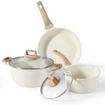 CAROTE Pots and Pans Sets Non Stick, 5 PCS White Granite Induction Hob Pan Set, Natural Non Toxic Cooking Cookware Set with Saucepan Set,Suitable for All Stoves