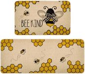 Summer Kitchen Decor Mats Set of 2, Non-Slip Absorbent Rug and Door Mats, Seasonal Yellowe Bee Kind Sign Kitchen Floor Mat 17x29 and 17x47 Inch DM151