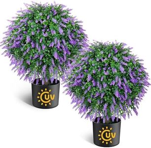 AOKIIE 21.6“ Artificial Lavender Topiary Ball Trees Set of 2, UV Protected Outdoor Faux Potted Plants with Cement Pot, Evergreen Shrubs Bushes for Front Door Porch Garden Backyard