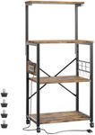 Bestier Bakers Rack with Power Outlet, 4-Tier Kitchen Microwave Stand, Coffee Bar with 6 S-Shaped Hooks, Rolling Storage Shelf Rack with Adjustable Shelf for Kitchen, Living Room - Rustic Brown